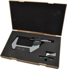 Mitutoyo - 3 to 4 Inch Range, 0.0001 Inch Resolution, Standard Throat, IP65 Electronic Outside Micrometer - 0.0001 Inch Accuracy, Ratchet Stop Thimble, Carbide Face, SR44 Battery, Data Output, Plastic Case - USA Tool & Supply