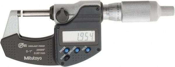 Mitutoyo - 0 to 1 Inch Range, 0.0001 Inch Resolution, Standard Throat, IP65 Electronic Outside Micrometer - 0.0001 Inch Accuracy, Ratchet Friction Thimble, Carbide Face, SR44 Battery, Plastic Case, Includes NIST Traceable Certification of Inspection - USA Tool & Supply