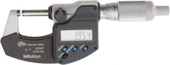 Mitutoyo - 0 to 1 Inch Range, 0.0001 Inch Resolution, Standard Throat, IP65 Electronic Outside Micrometer - 0.0001 Inch Accuracy, Ratchet Friction Thimble, Carbide Face, SR44 Battery, Plastic Case, Includes NIST Traceable Certification of Inspection - USA Tool & Supply