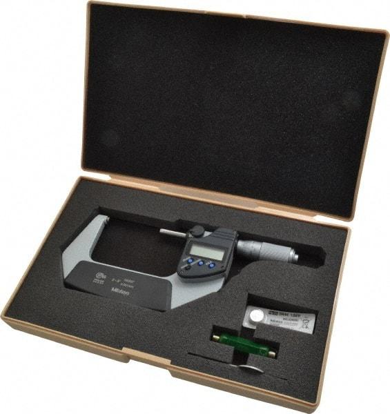 Mitutoyo - 2 to 3 Inch Range, 0.0001 Inch Resolution, Standard Throat, IP65 Electronic Outside Micrometer - 0.0001 Inch Accuracy, Ratchet Friction Thimble, Carbide Face, SR44 Battery, Plastic Case - USA Tool & Supply