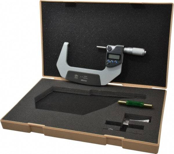 Mitutoyo - 3 to 4 Inch Range, 0.0001 Inch Resolution, Standard Throat, IP65 Electronic Outside Micrometer - 0.0001 Inch Accuracy, Ratchet Friction Thimble, Carbide Face, SR44 Battery, Plastic Case - USA Tool & Supply