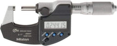 Mitutoyo - 0 to 1 Inch Range, 0.0001 Inch Resolution, Standard Throat, IP65, Electronic Outside Micrometer - 0.0001 Inch Accuracy, Friction Thimble, Carbide Face, SR44 Battery, Plastic Case, Includes NIST Traceable Certification of Inspection - USA Tool & Supply