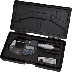 Mitutoyo - 0 to 1 Inch Range, 0.0001 Inch Resolution, Standard Throat, IP65 Electronic Outside Micrometer - 0.0001 Inch Accuracy, Ratchet Friction Thimble, Carbide Face, SR44 Battery, Plastic Case - USA Tool & Supply