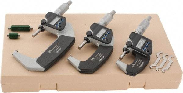 Mitutoyo - 0 to 3" Range, 0.001mm Resolution, IP65, 3 Piece Electronic Outside Micrometer Sets - 0.001mm Accuracy, Ratchet Stop Thimble, Carbide Measuring Face - USA Tool & Supply