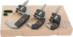 Mitutoyo - 0 to 3" Range, 0.001mm Resolution, IP65, 3 Piece Electronic Outside Micrometer Sets - 0.001mm Accuracy, Ratchet Stop Thimble, Carbide Measuring Face - USA Tool & Supply