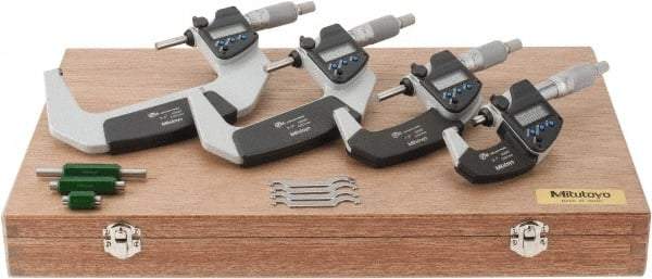 Mitutoyo - 0 to 4" Range, 0.001mm Resolution, IP65, 4 Piece Electronic Outside Micrometer Sets - 0.001, 0.002mm Accuracy, Ratchet Stop Thimble, Carbide Measuring Face - USA Tool & Supply