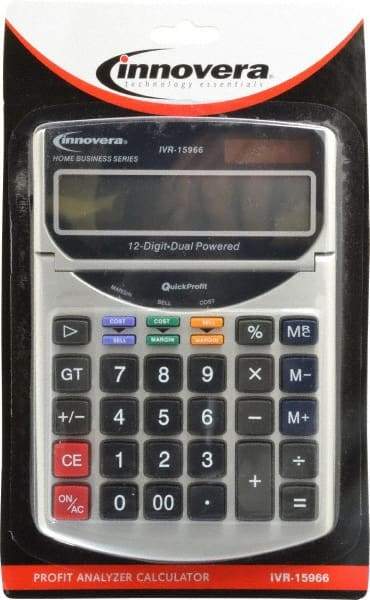 innovera - 12-Digit Portable Calculator - 18mm Display Size, White, Solar & Battery Powered, 7" Long x 4-3/4" Wide - USA Tool & Supply