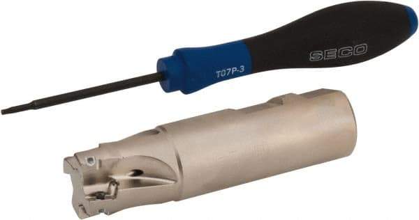 Seco - 1" Cut Diam, 0.354" Max Depth of Cut, 1" Shank Diam, 3.78" OAL, Indexable Square Shoulder End Mill - XO.X 10T3.. Inserts, Weldon Shank, 90° Lead Angle, Through Coolant, Series Turbo 10 - USA Tool & Supply