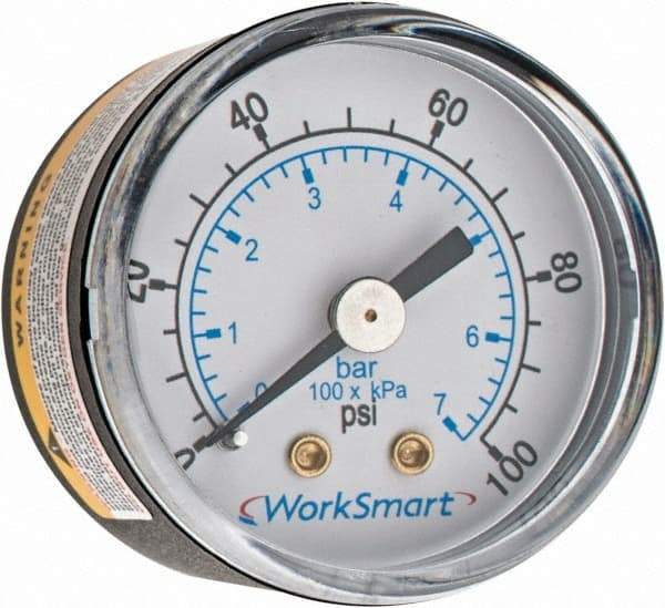 Value Collection - 1-1/2" Dial, 1/8 Thread, 0-100 Scale Range, Pressure Gauge - Center Back Connection Mount, Accurate to 3-2-3% of Scale - USA Tool & Supply