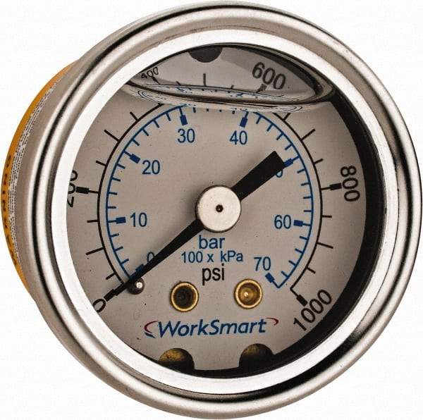Value Collection - 1-1/2" Dial, 1/8 Thread, 0-1,000 Scale Range, Pressure Gauge - Center Back Connection Mount, Accurate to 3-2-3% of Scale - USA Tool & Supply