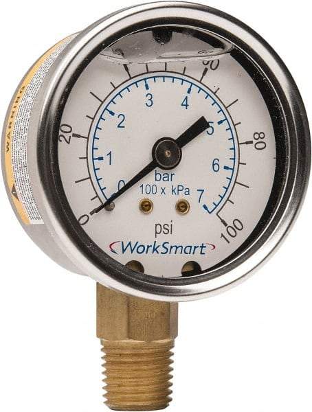 Value Collection - 2" Dial, 1/4 Thread, 0-100 Scale Range, Pressure Gauge - Lower Connection Mount, Accurate to 3-2-3% of Scale - USA Tool & Supply