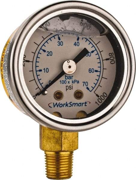 Value Collection - 1-1/2" Dial, 1/8 Thread, 0-1,000 Scale Range, Pressure Gauge - Lower Connection Mount, Accurate to 3-2-3% of Scale - USA Tool & Supply