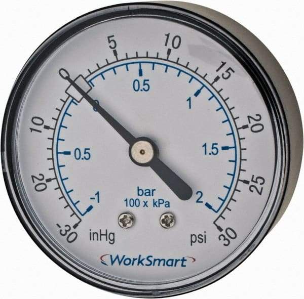 Value Collection - 2-1/2" Dial, 1/4 Thread, 30-0-30 Scale Range, Pressure Gauge - Center Back Connection Mount, Accurate to 3-2-3% of Scale - USA Tool & Supply