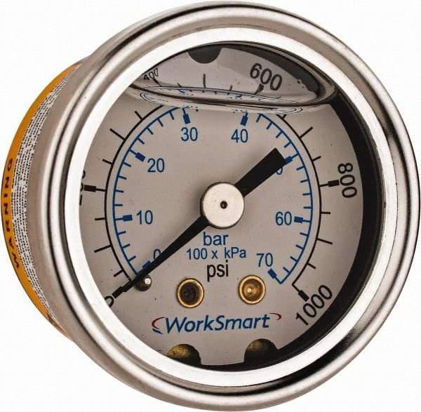 Value Collection - 1-1/2" Dial, 1/8 Thread, 0-1,000 Scale Range, Pressure Gauge - Center Back Connection Mount, Accurate to 3-2-3% of Scale - USA Tool & Supply