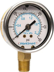 Value Collection - 2" Dial, 1/4 Thread, 0-30 Scale Range, Pressure Gauge - Lower Connection Mount, Accurate to 3-2-3% of Scale - USA Tool & Supply