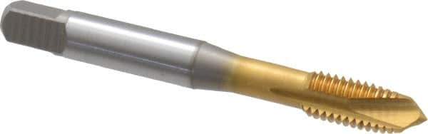 OSG - M8x1.25 Metric Coarse, 3 Flute, TiN Finish, Vanadium High Speed Steel Spiral Point Tap - Plug Chamfer, Right Hand Thread, 2-23/32" OAL, 1-1/8" Thread Length, 0.318" Shank Diam, 6H Class of Fit, Series 342 - Exact Industrial Supply