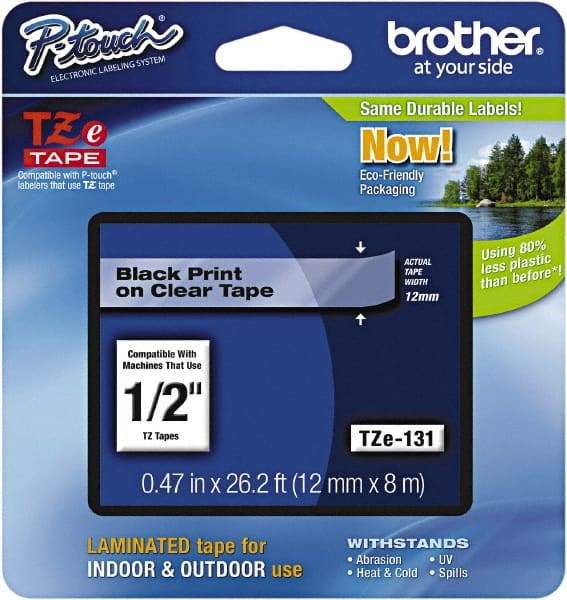 Brother - 1/2" Wide x 314.4" Long, Clear Plastic/Paper Tape Cassette - For Label Maker - USA Tool & Supply