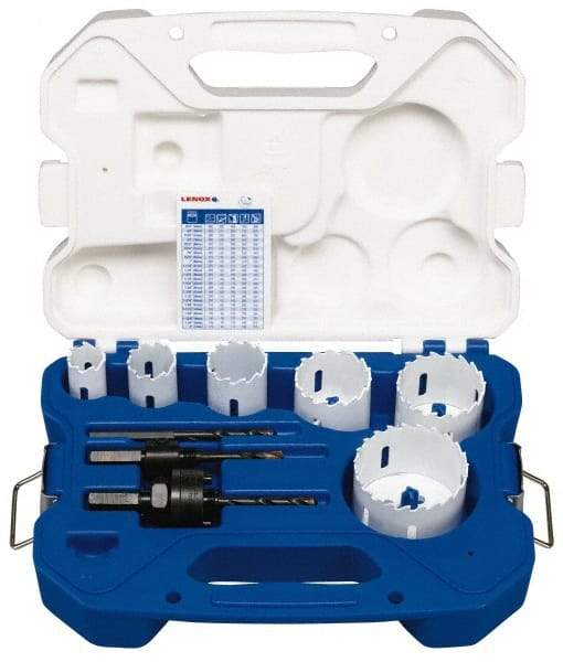 Lenox - 8 Piece, 7/8" to 2-1/2" Saw Diam, Electrician's Hole Saw Kit - Carbide-Tipped, Toothed Edge, Pilot Drill Model No. 123CT, Includes 6 Hole Saws - USA Tool & Supply