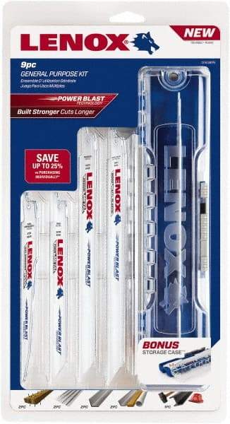 Lenox - 9 Piece, 6" to 9" Long x 0.035" to 0.062" Thick, Bi-Metal Reciprocating Saw Blade Set - Tapered Profile, 6 to 24 Teeth per Inch, Toothed Edge - USA Tool & Supply