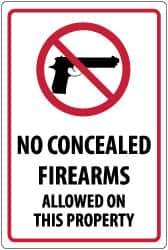 NMC - "No Concealed Firearms Allowed On This Property", 18" Long x 12" Wide, Pressure-Sensitive Vinyl Safety Sign - Rectangle, 0.004" Thick, Use for Security & Admittance - USA Tool & Supply