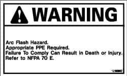 NMC - Accident Prevention Label, Header: WARNING - Legend: Warning - Arc Flash Hazard - Appropriate PPE Required - Failure to Comply Can Result in Death or Injury - Refer to NFPA 70E, English, Black & Orange, 5" Long x 3" High, Sign Muscle Finish - USA Tool & Supply