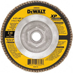 DeWALT - 40 Grit, 4-1/2" Disc Diam, 5/8-11 Center Hole, Type 27 Zirconia Alumina Flap Disc - 13,300 Max RPM, Cloth Backing, Arbor Attaching System, Coated - USA Tool & Supply