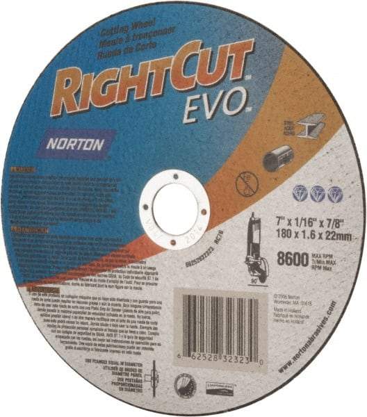 Norton - 7" Aluminum Oxide Cutoff Wheel - 0.045" Thick, 7/8" Arbor, 8,600 Max RPM, Use with Angle Grinders - USA Tool & Supply