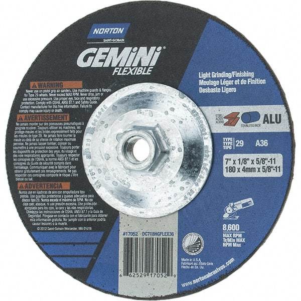 Norton - 36 Grit, 7" Wheel Diam, 1/8" Wheel Thickness, Type 29 Depressed Center Wheel - Aluminum Oxide, 8,600 Max RPM, Compatible with Angle Grinder - USA Tool & Supply