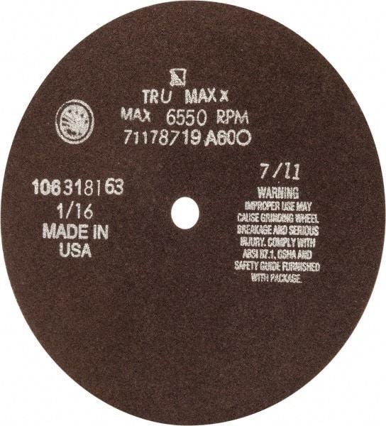 Tru-Maxx - 7" 60 Grit Aluminum Oxide Cutoff Wheel - 1/16" Thick, 1/2" Arbor, 5,184 Max RPM, Use with Stationary Tools - USA Tool & Supply