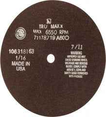 Tru-Maxx - 7" 60 Grit Aluminum Oxide Cutoff Wheel - 1/16" Thick, 1/2" Arbor, 5,184 Max RPM, Use with Stationary Tools - USA Tool & Supply