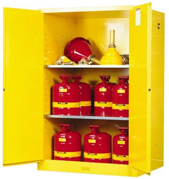 Justrite - 2 Door, 2 Shelf, Yellow Steel Standard Safety Cabinet for Flammable and Combustible Liquids - 65" High x 43" Wide x 34" Deep, Manual Closing Door, 3 Point Key Lock, 90 Gal Capacity - USA Tool & Supply