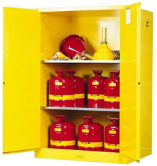 Justrite - 2 Door, 2 Shelf, Yellow Steel Standard Safety Cabinet for Flammable and Combustible Liquids - 65" High x 43" Wide x 34" Deep, Manual Closing Door, 3 Point Key Lock, 90 Gal Capacity - USA Tool & Supply