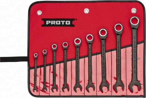 Proto - 9 Piece, 1/4" to 3/4", Ratcheting Combination Wrench Set - 12 Point, Black/Chrome Finish, Comes in Pouch - USA Tool & Supply