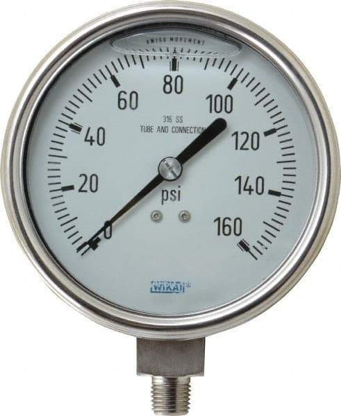 Wika - 4" Dial, 1/4 Thread, 0-160 Scale Range, Pressure Gauge - Lower Connection Mount, Accurate to 1% of Scale - USA Tool & Supply