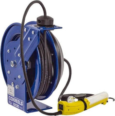 CoxReels - 16 AWG, 50' Cable Length, Cord & Cable Reel with Fluorescent Angle Light with Tool Tap Plug End - 1 Outlet, 13 Amps, 115 Volts, SJTO Cable, Blue Reel, Spring Driven Reel - USA Tool & Supply