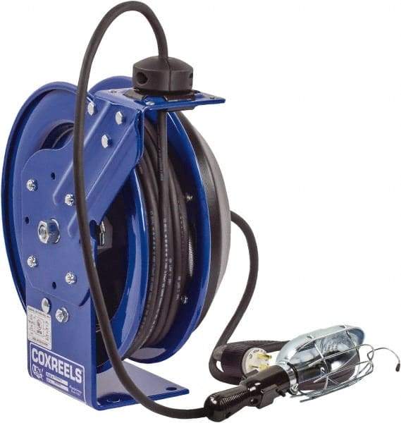 CoxReels - 16 AWG, 100' Cable Length, Cord & Cable Reel with Incandescent Hand Lamp with Tool Tap Plug End - 1 Outlet, NEMA 5-15R, 13 Amps, 115 Volts, SJTO Cable, Blue Reel, Spring Driven Reel - USA Tool & Supply