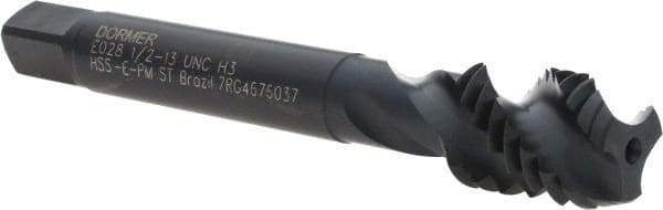 DORMER - 1/2-13 UNC 3 Flute 3B Modified Bottoming Spiral Flute Tap - Powdered Metal, Oxide Finish, 3-3/8" OAL, Right Hand Flute, Right Hand Thread, H3, Series E028 - USA Tool & Supply