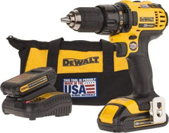 DeWALT - 20 Volt 1/2" Chuck Pistol Grip Handle Cordless Drill - 0-600 & 0-2000 RPM, Keyless Chuck, Reversible, 2 Lithium-Ion Batteries Included - USA Tool & Supply