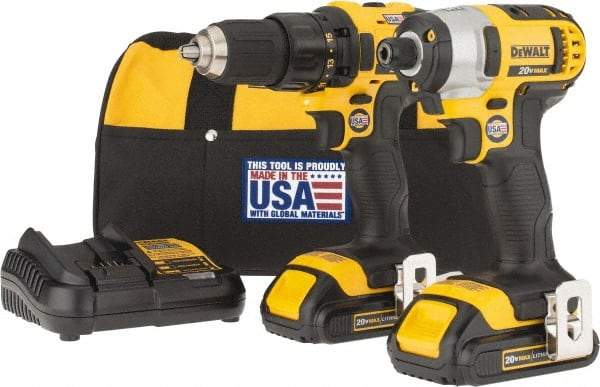 DeWALT - 9 Piece 20 Volt Cordless Tool Combination Kit - Includes 1/2" Drill/Driver & 1/4" Impact Driver, Lithium-Ion Battery Included - USA Tool & Supply