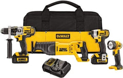 DeWALT - 10 Piece 20 Volt Cordless Tool Combination Kit - Includes 1/2" Hammerdrill, 1/4" Impact Driver & Reciprocating Saw & LED Worklight, Lithium-Ion Battery Included - USA Tool & Supply