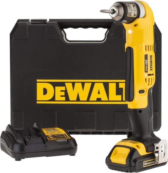 DeWALT - 20 Volt 3/8" Chuck Right Angle Handle Cordless Drill - 0-650 & 0-2000 RPM, Keyless Chuck, Reversible, 1 Lithium-Ion Battery Included - USA Tool & Supply