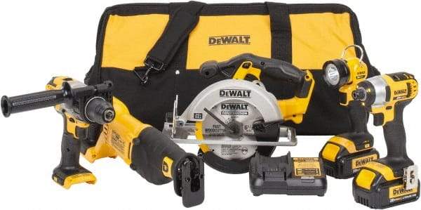 DeWALT - 12 Piece 20 Volt Cordless Tool Combination Kit - Includes 1/2" Hammerdrill, 1/4" Impact Driver, Reciprocating Saw, 6-1/2" Circular Saw & LED Worklight, Lithium-Ion Battery Included - USA Tool & Supply