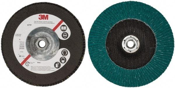 3M - 40 Grit, 7" Disc Diam, 5/8-11 Center Hole, Type 27 Zirconia Alumina Flap Disc - 8,600 Max RPM, Cloth Backing, Arbor Attaching System, Coated - USA Tool & Supply