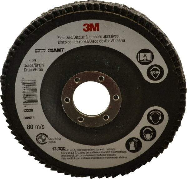 3M - 36 Grit, 4-1/2" Disc Diam, 7/8" Center Hole, Type 27 Zirconia Alumina Flap Disc - 13,300 Max RPM, Cloth Backing, Arbor Attaching System, Coated - USA Tool & Supply
