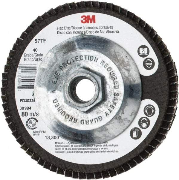 3M - 40 Grit, 4-1/2" Disc Diam, 5/8-11 Center Hole, Type 29 Zirconia Alumina Flap Disc - 13,300 Max RPM, Cloth Backing, Arbor Attaching System, Coated - USA Tool & Supply