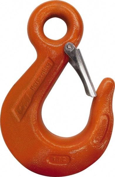 CM - Chain Grade 100, 4,300 Lbs. Load Limit Eye Sling Hook with Latch - 2-1/2 Inch Hook Throat, 4-3/4 Inch Reach, 0.63 Inch Eye Inside Diameter, 9/32 Inch Chain Diameter, 6.45 Inch Overall Length, 0.47 Inch Eye Thickness - USA Tool & Supply