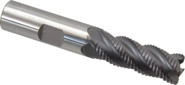 ProMax - 1/2" Diam, Fine Pitch, 1-1/4" LOC, 4 Flute Solid Carbide 0.055-0.065" Corner Radius Roughing End Mill - AlTiN Finish, 3" OAL, 1/2" Shank Diam, Single End, Centercutting, 40° Helix - USA Tool & Supply