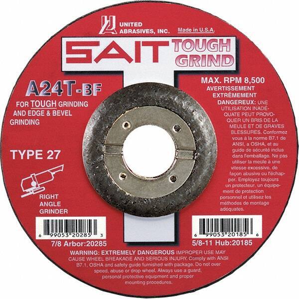 Sait - 24 Grit, 5" Wheel Diam, 1/4" Wheel Thickness, 7/8" Arbor Hole, Type 27 Depressed Center Wheel - Aluminum Oxide, Resinoid Bond, T Hardness, 12,200 Max RPM, Compatible with Angle Grinder - USA Tool & Supply