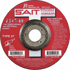 Sait - 24 Grit, 5" Wheel Diam, 1/4" Wheel Thickness, 7/8" Arbor Hole, Type 27 Depressed Center Wheel - Aluminum Oxide, Resinoid Bond, T Hardness, 12,200 Max RPM, Compatible with Angle Grinder - USA Tool & Supply