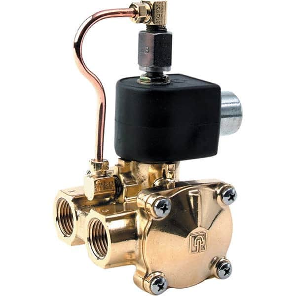 Parker - 120/60 - 110/50 VAC 3/8" NPT Port Brass Three-Way Internally Piloted Diaphragm Solenoid Valve - USA Tool & Supply